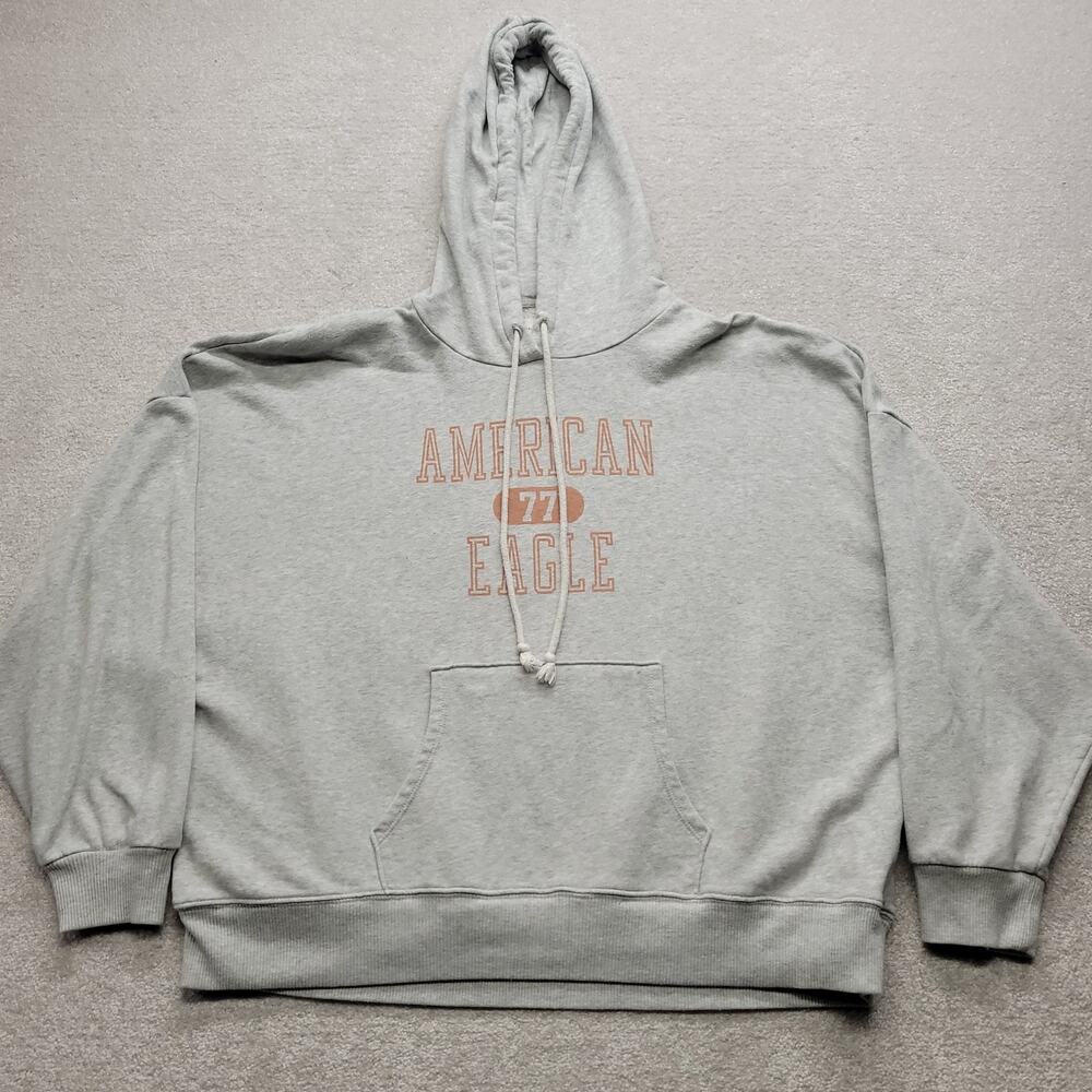 American Eagle Mens Medium Gray Pullover Hoodie 77 Graphic Logo Sweatshirt